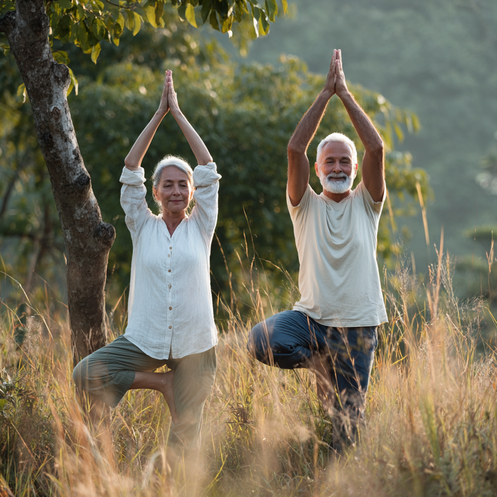 Mature practitioners doing gentle yoga poses outdoors in peaceful natural setting