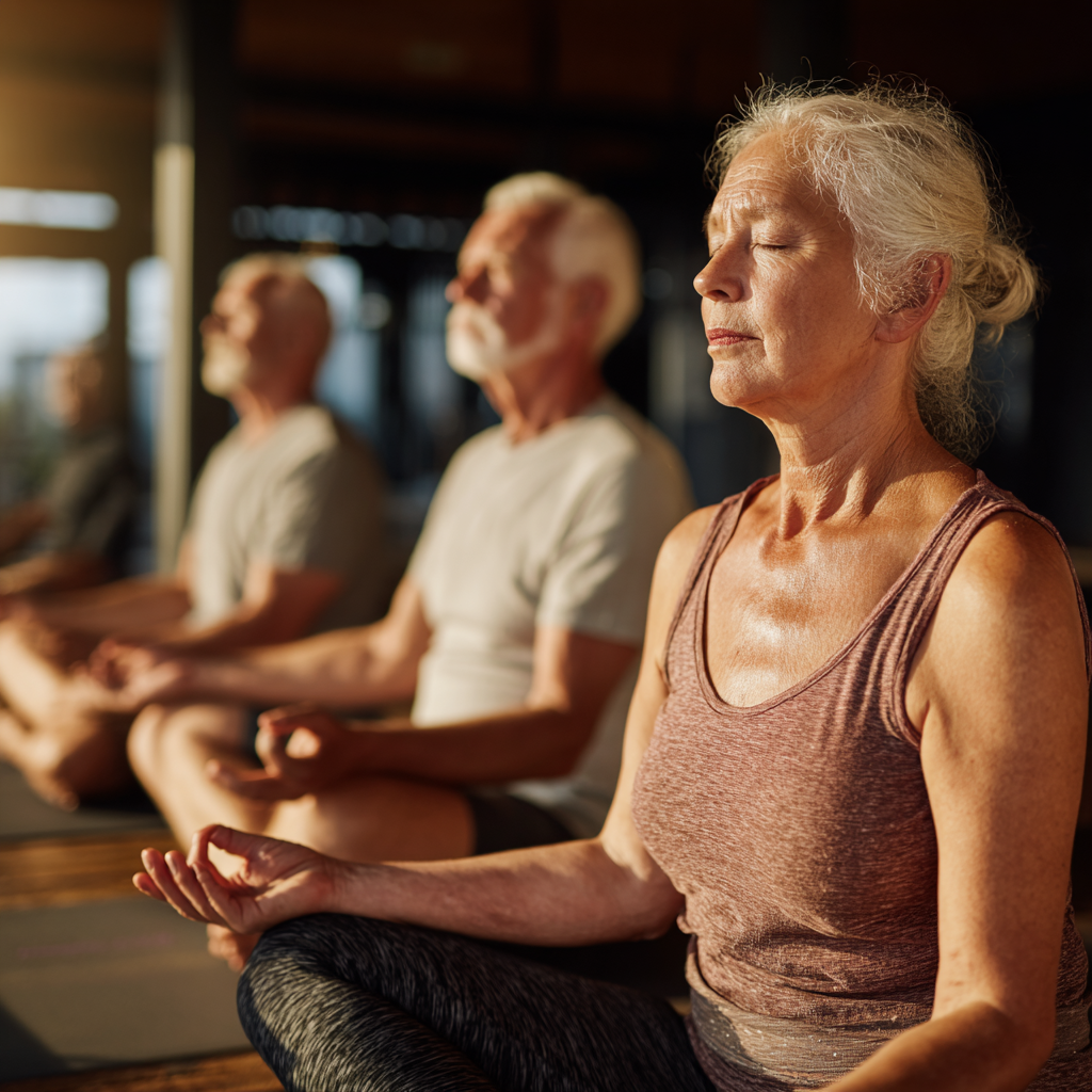 Peaceful older adults practicing yoga meditation in natural lighting
